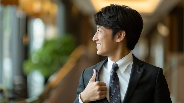 親指を立てて微笑む日本人若手ビジネスマン