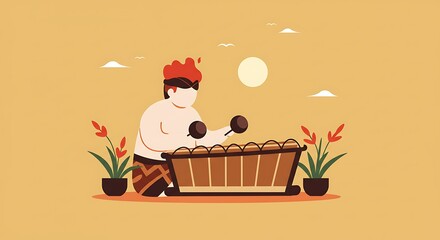 Illustration of musician playing traditional instrument in vector style.