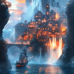 Obraz premium Mystic mountain city, waterfalls, ship