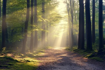 Fototapeta premium Magical sunrays filtering through a serene forest pathway in the morning light