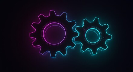 3D render of two gears outlined in neon pink and teal on black background