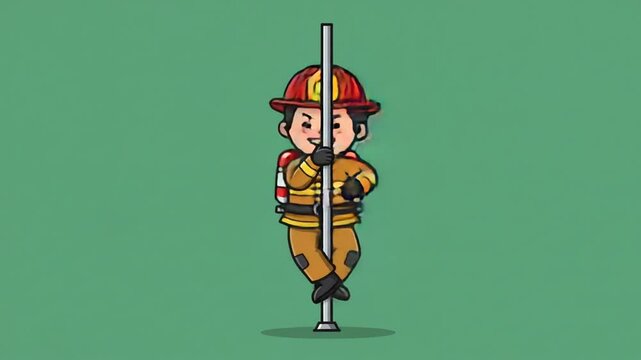 Joyful Firefighter Sliding Down the Pole: A Cartoon Illustration