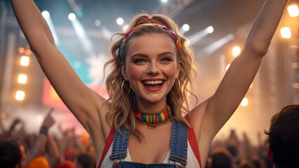 Joyful Festival-goer: A young woman with blonde hair and a radiant smile, arms raised in exuberant celebration at a vibrant music festival.