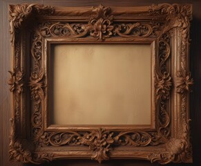 Deeply carved wooden frame, vintage scroll centerpiece  Mysterious aura, ornate detail , spiral, background, carving