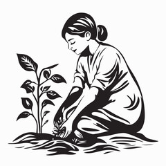 Young girl gardening and planting flowers outdoors image vector
