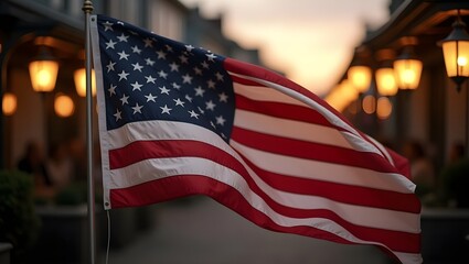 Patriotic Flag and Lanterns at Dusk for Independence Day