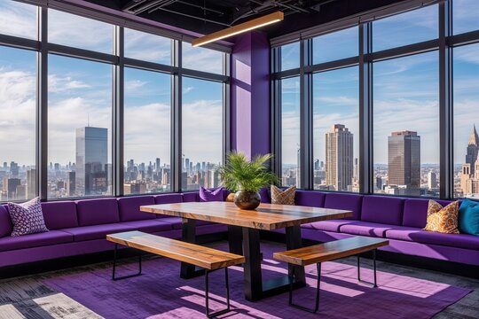 Cozy Purple Team Collaboration Space Featuring Bench-Style Table and Stunning Cityscape Views
