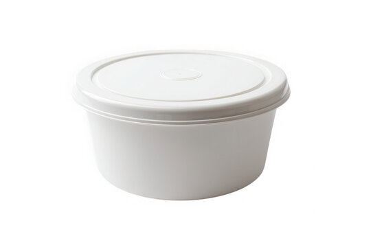 A simple white round food container with a lid on a black background in a studio shot image