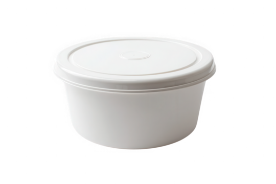 A simple white round food container with a lid on a black background in a studio shot image