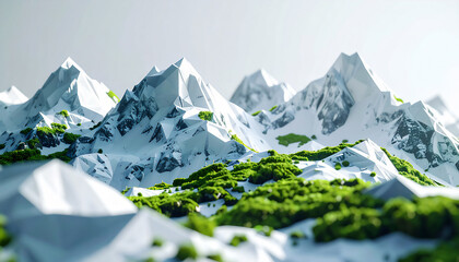 A mountain range with natural peaks morphing into abstract 3D polygonal forms as they rise