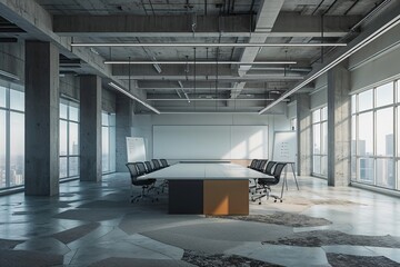 Abandoned Office Space with Expansive Collaborative Brainstorming Area for Team Discussions