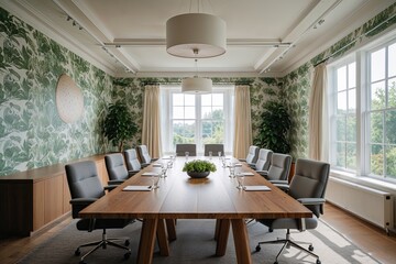 Fototapeta premium Spacious and Inviting Conference Room with Oak Table and Elegant Chairs Surrounded by Botanical Wallpaper in a Bright Working Environment
