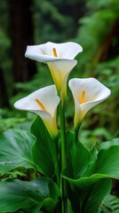 Three elegant white calla lilies stand tall in lush green foliage, a botanical display of natural beauty in a vertical composition