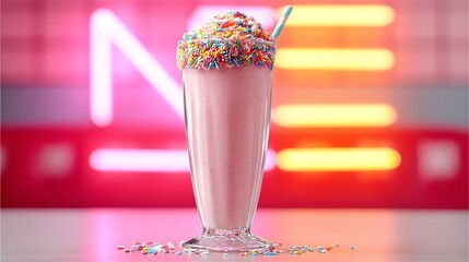 strawberry milkshake with rainbow sprinkles in a tall vintage glass, 1950s diner aesthetic with pink and red neon lights