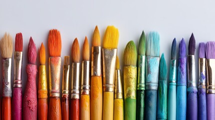 Fototapeta premium Paintbrushes arranged in rainbow colors isolated on white background