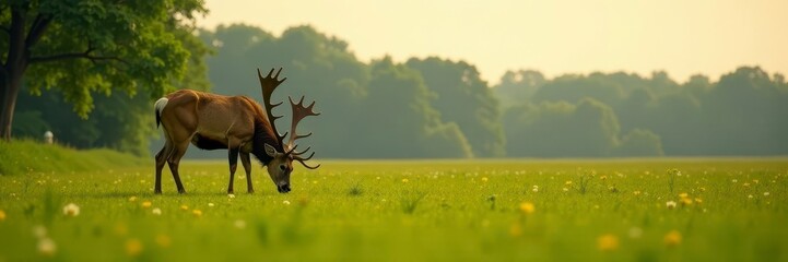 Naklejka premium Large stag grazing peacefully in lush farm pasture , deer, animal, stock photo
