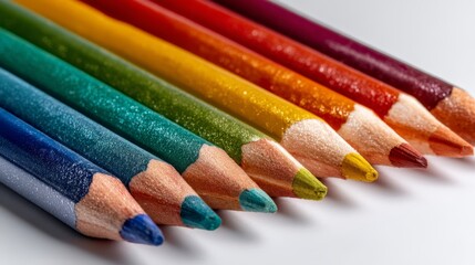 Naklejka premium Rainbow gradient of colorful pencils on white background