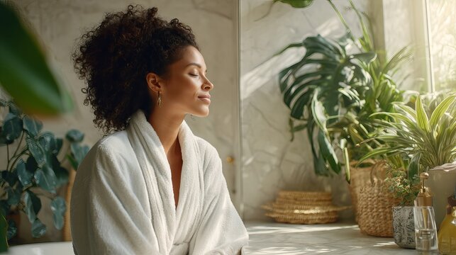 Serene woman in white bathrobe relaxing near plants sunlight zen spa calm home cozy room green happy