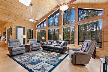 A cozy living room that features a lot of windows and a soft rug