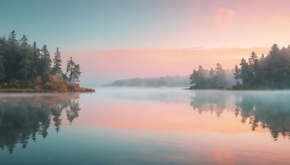 Serene morning unveils a tranquil lake embraced by a soft, pastel-colored, misty sunrise glow.