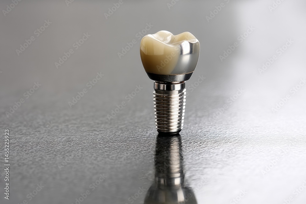 Aufkleber implant crown showcased upright on reflective surface casting shadows with soft lighting in a calm e