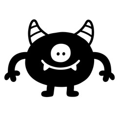 Cute black monster with horns, simple vector illustration.  Happy cartoon character, isolated on white background.