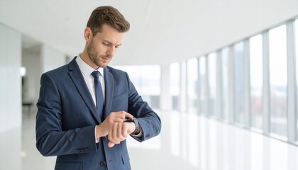 A man in a bright office space checking his smartwatch with his head down