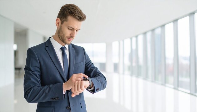 A man in a bright office space checking his smartwatch with his head down
