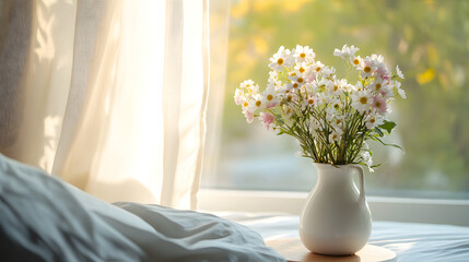 Morning Bloom:  A bouquet of delicate white daisies in a simple white vase, sits on a bedside table, bathed in the soft morning sunlight streaming through a sheer curtain.