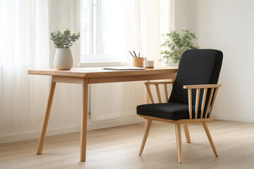 minimalist office desk setup featuring sleek wooden desk comfortable ergonomic chair and soft ambient lighting