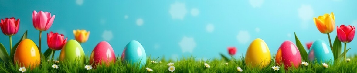 Rainbow eggs & tulips create vibrant blue backdrop border, easter eggs, artwork