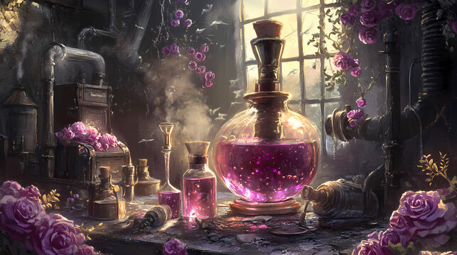 Exploring the traditional perfume making process essential oils and distillation techniques unveiled. [Gilded Mechanica] | Vapor Roses | steamy bloom. Illustration