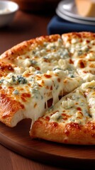 Delicious pizza with melted mozzarella and moldy blue cheese served on a wooden board, providing a delightful culinary experience.