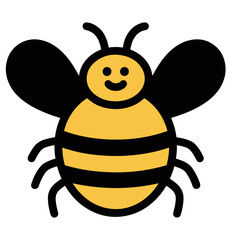 Happy cartoon bee with yellow and black stripes, vector illustration isolated on white background.