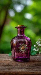 Ornate purple glass bottle with stopper and floral design on a wooden table against blurred greenery, evoking a sense of whimsy and natural beauty
