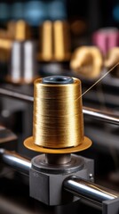 Golden thread spool unwinding on industrial machinery, manufacturing process in a textile factory environment