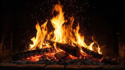 Cozy fireplace burning brightly with warm flames and glowing embers