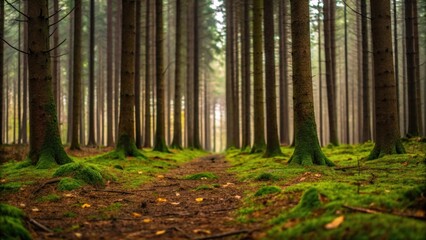 Obraz premium Tranquil pathway through a mossy evergreen forest during autumn season