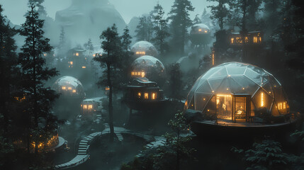 Fantastical dome village in misty forest with glowing pathways and ethereal ambiance. [Neon Fables] | Lightbound Shamans | ethereal guide. Illustration