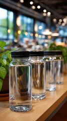 Row of clear reusable water bottles with black lids on a wooden table at a restaurant or cafe in blurred background