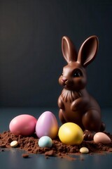 Trio of chocolate eggs & a charming chocolate rabbit on dark surface , milk chocolate, rabbit