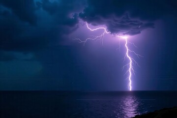 Two brilliant lightning bolts pierce torrential rain at night, horizontal, downpour