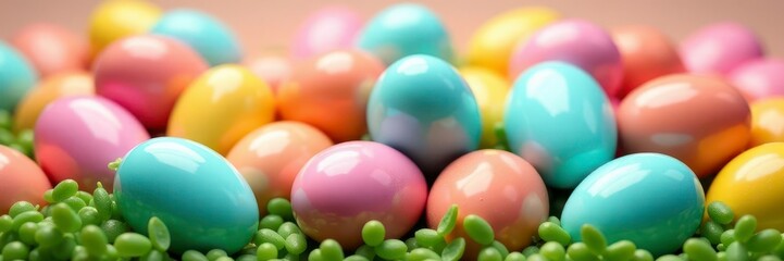 Fototapeta premium A mound of glossy Easter eggs in pink, blue, green, and yellow , glossy eggs, mound