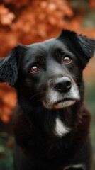 Gentle black dog portrait with warm brown eyes and white markings looking up outdoors