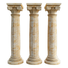Three marble ionic columns architectural elements standing on white background