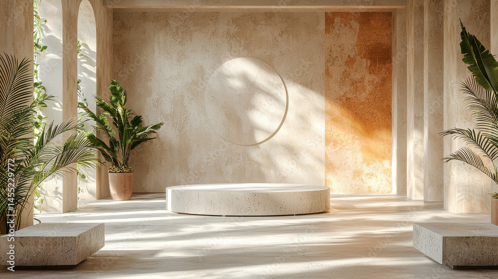 Poster captivating realistic 4k 3d background displays a side view of a minimalist stage surrounded by plan