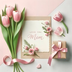 Pink tulips and greeting card for Mother’s Day