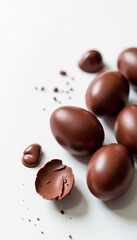 Obraz premium Several shiny chocolate Easter eggs, pristine white backdrop, chocolate egg, white