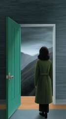 Fototapeta premium Woman standing at open doorway viewing distant mountains under a grey sky, contemplating a journey or escape from an interior room
