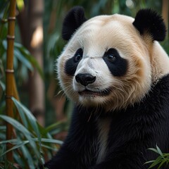 Fototapeta premium Close-up of a panda in a lush bamboo forest. A gentle giant, gazing thoughtfully, surrounded by verdant foliage